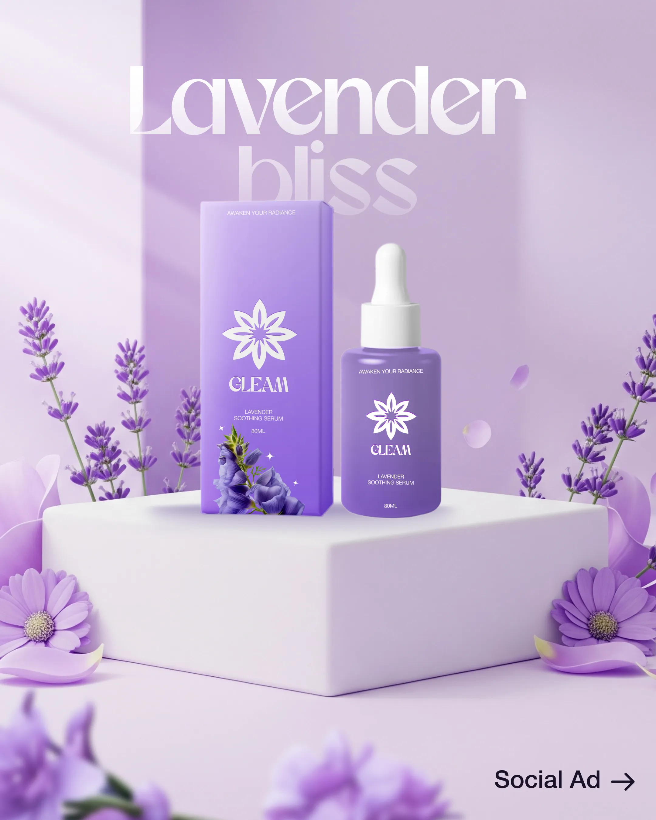 Gleam Care Lavender Face Serum Product Packaging Label Design
