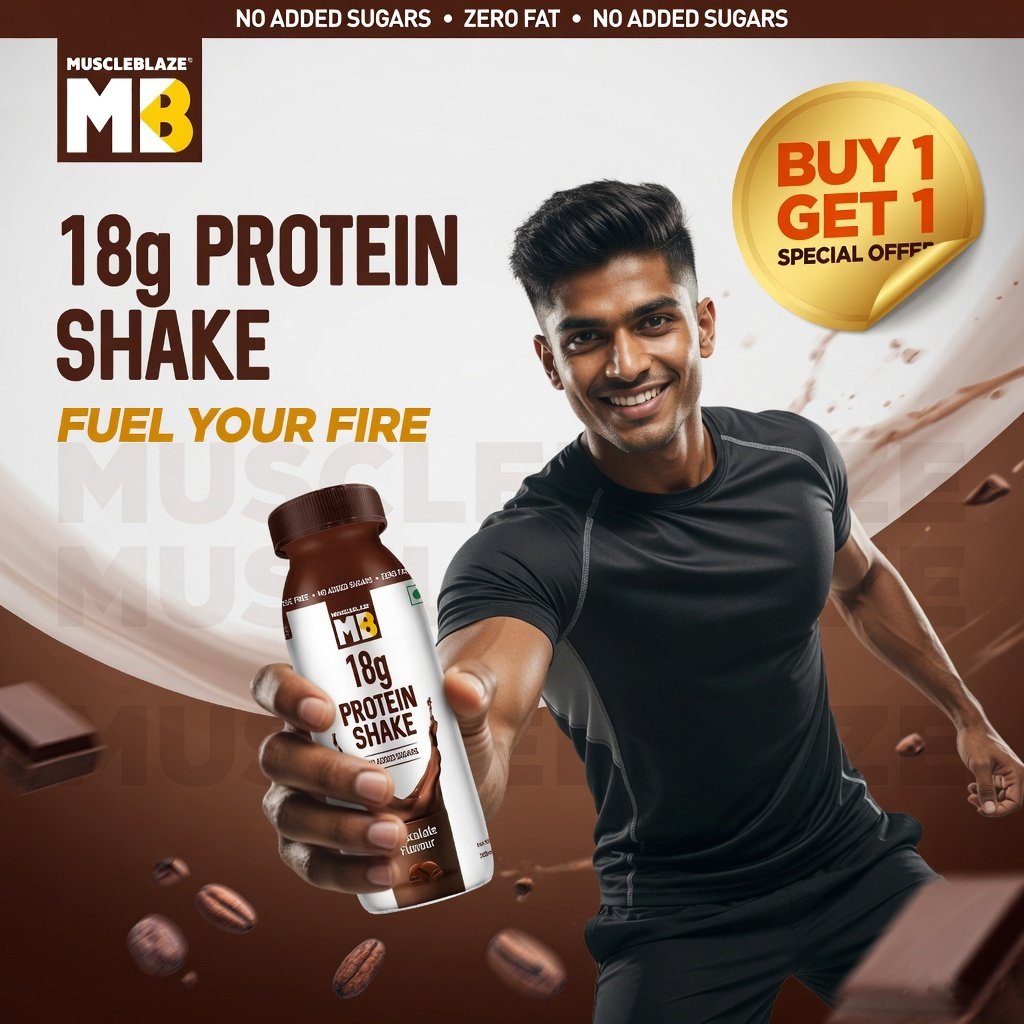 MuscleBlaze Portein Whey Shake Ad Creative Social Media Instagram Post Design - TimeSpace Studio Design Agency